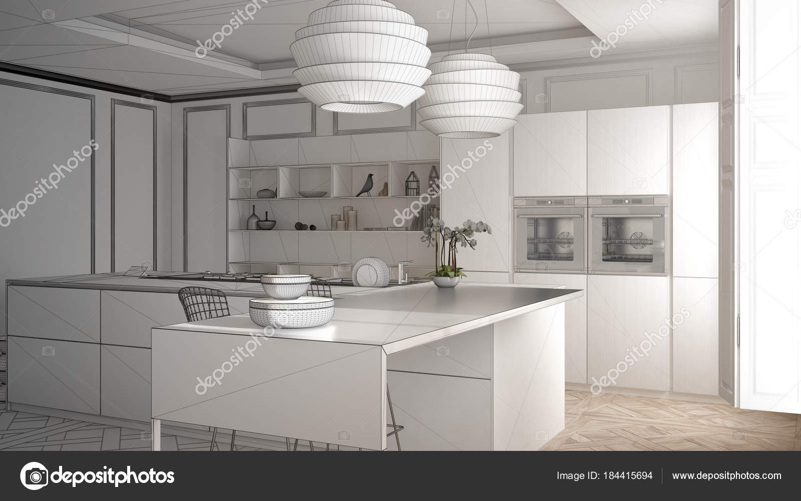 Progetto incompiuto di mobili da cucina moderni in camera classic ... Progetto incompiuto di mobili da cucina moderni in camera classic ...