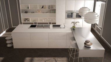 Klasik iç, dışkı ile ada ve iki büyük pencere, üstten görünüm, beyaz ve gri mimari iç tasarım, modern mutfak