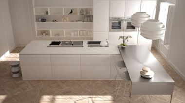 Mimari iç tasarım beyaz klasik iç modern mutfak, ada dışkı ve iki büyük penceresinde, üstten görünüm