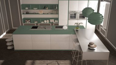 Klasik iç, dışkı ile ada ve iki büyük pencere, üstten görünüm, beyaz ve yeşil mimari iç tasarım, modern mutfak