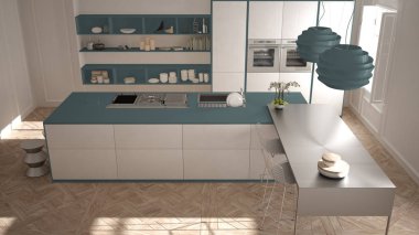 Klasik iç, dışkı ile ada ve iki büyük pencere, üstten görünüm, beyaz ve mavi Donanma mimari iç tasarım, modern mutfak