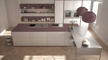 Klasik iç, dışkı ile ada ve iki büyük pencere, üstten görünüm, beyaz ve mor kırmızı mimari iç tasarım, modern mutfak