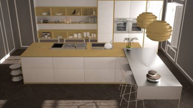 Klasik iç, dışkı ile ada ve iki büyük pencere, üstten görünüm, beyaz ve sarı mimari iç tasarım, modern mutfak