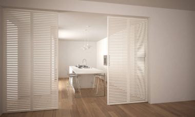 Arka plan, beyaz en az mimari iç tasarım içinde mutfak modern sürgülü kapı