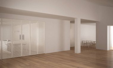 Sürgülü kapı ve ahşap zemin, minimalist mimari iç tasarım ile modern boş alan