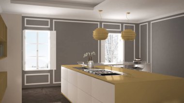 Klasik iç, dışkı ile ada ve iki büyük pencere, beyaz ve sarı mimari iç tasarım, modern mutfak