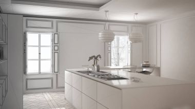 Klasik Oda, eski parke, minimalist mimari iç tasarım modern mutfak mobilya tamamlanmamış proje