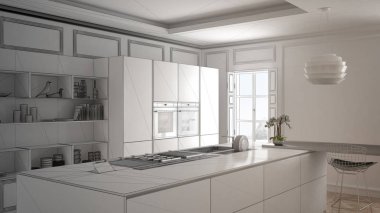 Klasik Oda, eski parke, minimalist mimari iç tasarım modern mutfak mobilya tamamlanmamış proje