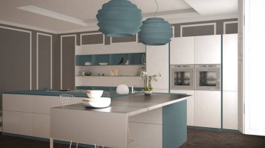 Klasik iç, dışkı ile ada ve iki büyük pencere, beyaz ve mavi Donanma mimari iç tasarım, modern mutfak