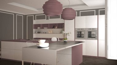 Klasik iç, dışkı ile ada ve iki büyük pencere, beyaz ve mor kırmızı mimari iç tasarım, modern mutfak