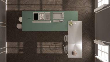 Klasik iç, dışkı ile ada ve iki büyük pencere, üstten görünüm, beyaz ve yeşil mimari iç tasarım, modern mutfak