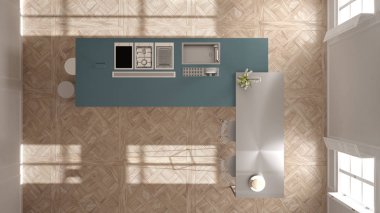 Klasik iç, dışkı ile ada ve iki büyük pencere, üstten görünüm, beyaz ve mavi Donanma mimari iç tasarım, modern mutfak