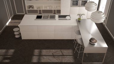 Klasik iç, dışkı ile ada ve iki büyük pencere, üstten görünüm, beyaz ve gri mimari iç tasarım, modern mutfak