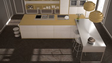 Klasik iç, dışkı ile ada ve iki büyük pencere, üstten görünüm, beyaz ve sarı mimari iç tasarım, modern mutfak
