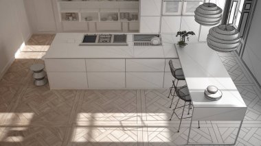 Klasik Oda, eski parke, minimalist mimari iç tasarım modern mutfak mobilya tamamlanmamış proje