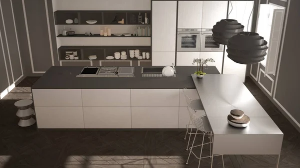 Modern kitchen in classic interior, island with stools and two big window, top view, white and gray architecture interior design — Stock Photo, Image