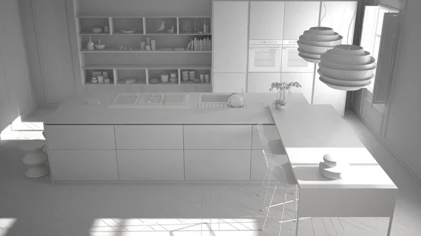 Общий белый проект современной кухонной мебели в классическом помещении, старинный паркет, вид сверху, минималистский архитектурный интерьер — стоковое фото