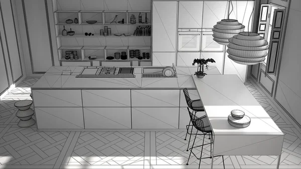 Proyecto inacabado de muebles de cocina modernos en habitación clásica, parquet antiguo, diseño de interiores de arquitectura minimalista —  Fotos de Stock