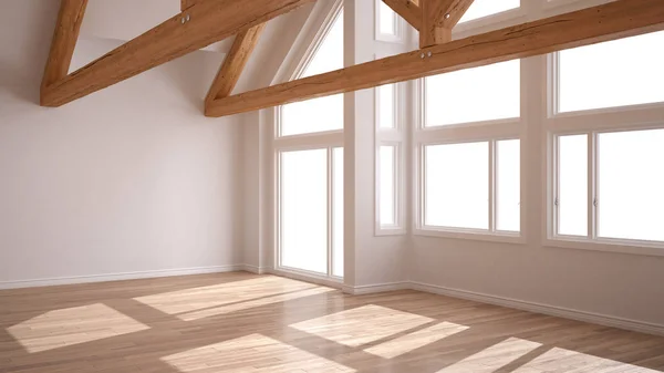 Пустая комната в роскошном экодоме, паркетный пол и деревянная крыша. — стоковое фото