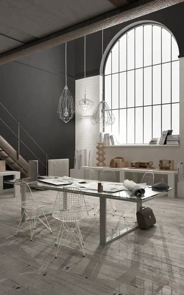 Bureau industriel avec grande fenêtre, open space, loft interior des — Photo