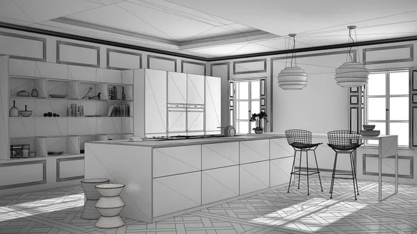 Projet inachevé de mobilier de cuisine moderne dans une chambre classique , — Photo