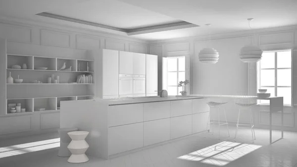 Total white project of modern kitchen furniture in classic room, — Stock Photo, Image