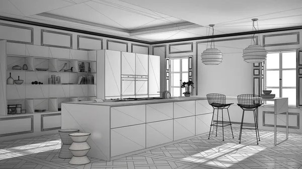 Progetto incompiuto di mobili da cucina moderni in camera classica , — Foto Stock