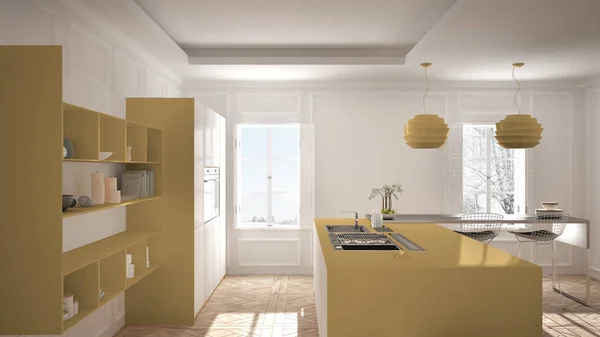 Moderne keukenmeubilair in klassieke kamer, oude parket, minimalis — Stockfoto