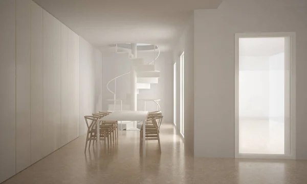 Escalier minimaliste dans un espace vide moderne avec table et chaises , — Photo