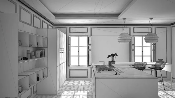 Proyecto inacabado de muebles de cocina modernos en habitación clásica , — Foto de Stock