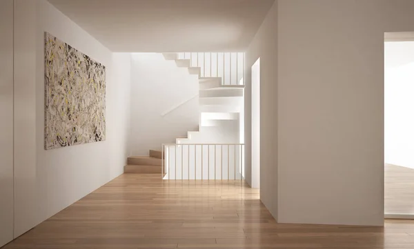 Минималистическая лестница в современном пустом пространстве, дизайн интерьера белой архитектуры — стоковое фото