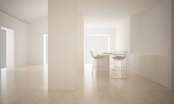 Moderní prázdný prostor s vápence podlahy a kuchyň, minimalistickou architekturu interiéru — Stock fotografie