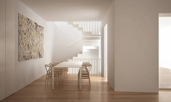 Scala minimalista in moderno spazio vuoto con tavolo e sedie, architettura bianca interior design — Foto Stock