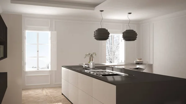 Modern konyha klasszikus belső, sziget, széklet és két nagy ablak, fehér és szürke építészet-belsőépítészet — Stock Fotó