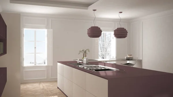 Современная кухня в классическом интерьере, остров с табуретками и двумя большими окнами, дизайн интерьера белой и фиолетовой красной архитектуры — стоковое фото
