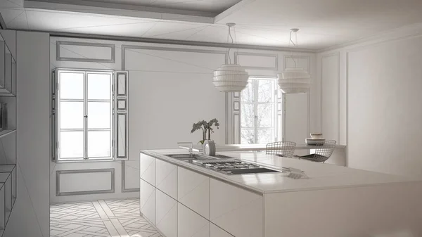 Proyek yang belum selesai dari furnitur dapur modern di ruang klasik, parket lama, arsitektur desain interior minimalis — Stok Foto