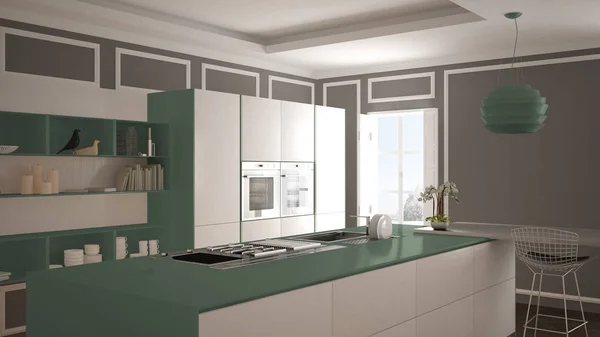 Μοντέρνα κουζίνα με κλασικό εσωτερικό σχεδιασμό, νησί με σκαμπό και δύο μεγάλο παράθυρο, άσπρο και πράσινο αρχιτεκτονική διακόσμηση — Φωτογραφία Αρχείου