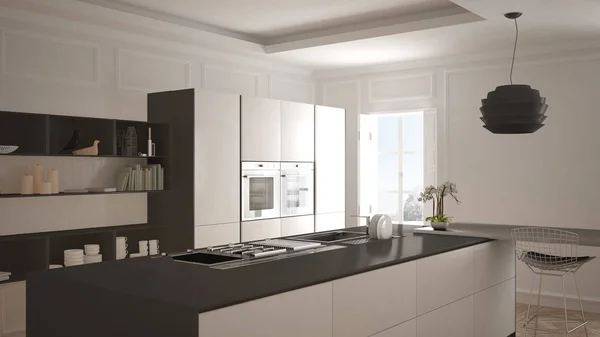 Cocina moderna en interior clásico, isla con taburetes y dos ventanas grandes, diseño interior de arquitectura blanca y gris — Foto de Stock