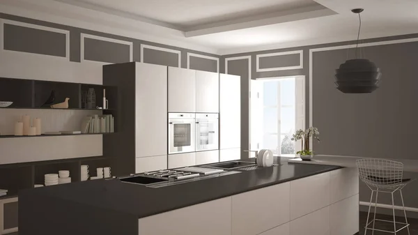 Moderní kuchyně v klasickém interiéru, ostrov s židlemi a dvě velké okno, bílé a šedé architektura interiér design — Stock fotografie