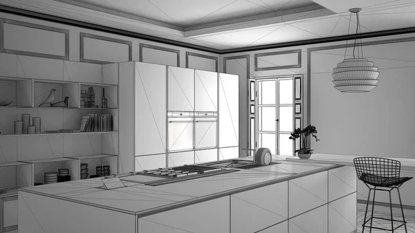 Projet inachevé de mobilier de cuisine moderne dans une chambre classique, parquet ancien, architecture minimaliste design d'intérieur — Photo