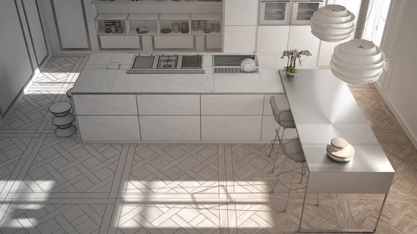 Onvoltooide project van moderne keukenmeubilair in klassieke kamer, oude parket, minimalistische architectuur interieur — Stockfoto