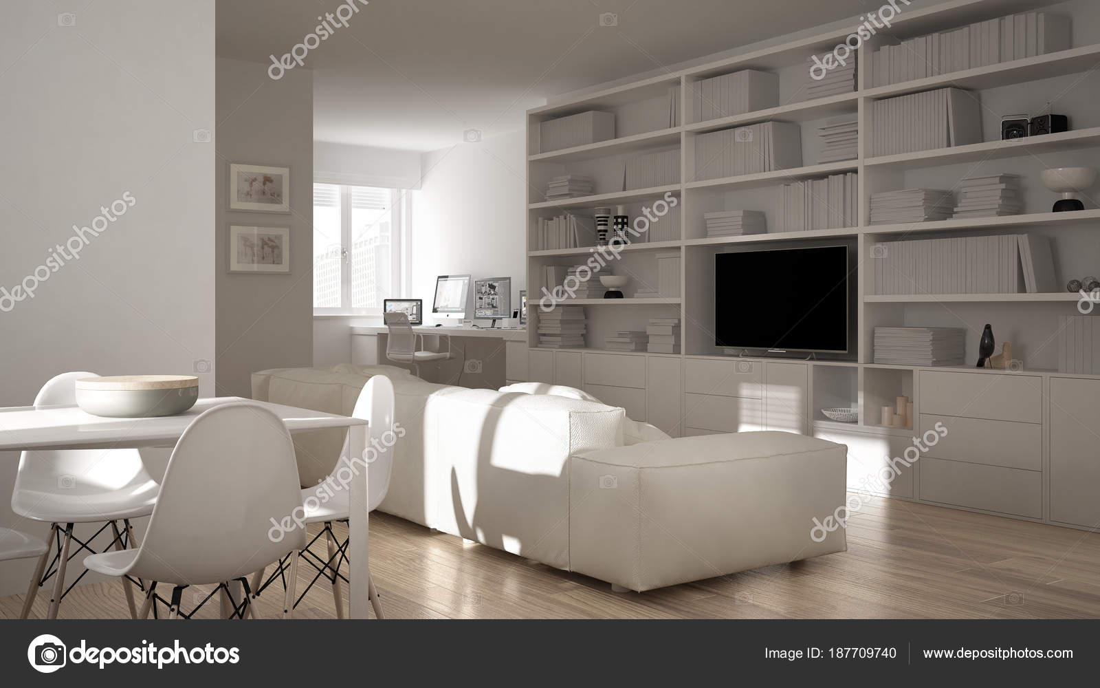 Modern Living Room With Workplace Corner Big Bookshelf And