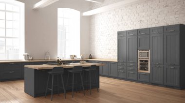 Modern endüstriyel Ahşap mutfak ahşap detayları ve panoramik pencere, beyaz ve gri minimalist iç tasarım, şehir panoraması