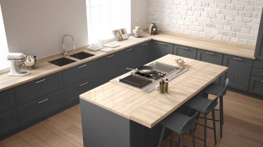 Klasik mutfak modern ahşap detayları ve büyük pencere, beyaz ve gri minimalist iç tasarım, üstten görünüm