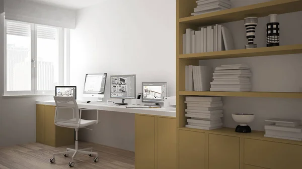 Posto di lavoro moderno in casa minimalista, scrivania con computer, grande libreria, accogliente architettura bianca e gialla interior design — Foto Stock