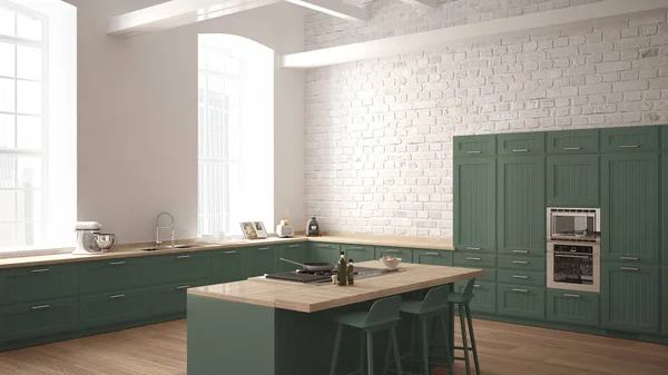 Moderna cucina industriale in legno con dettagli in legno e finestra panoramica, design minimalista bianco e grigio, panorama del centro città — Foto Stock