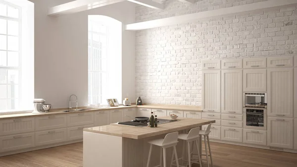 Moderna cucina industriale in legno con dettagli in legno e finestra panoramica, design degli interni minimalista bianco, panorama del centro — Foto Stock