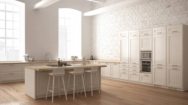 Σύγχρονη βιομηχανική ξύλινη κουζίνα με ξύλινες λεπτομέρειες και πανοραμικό παράθυρο, λευκό μινιμαλιστικό εσωτερικό σχέδιο, κέντρο Πανόραμα — Φωτογραφία Αρχείου