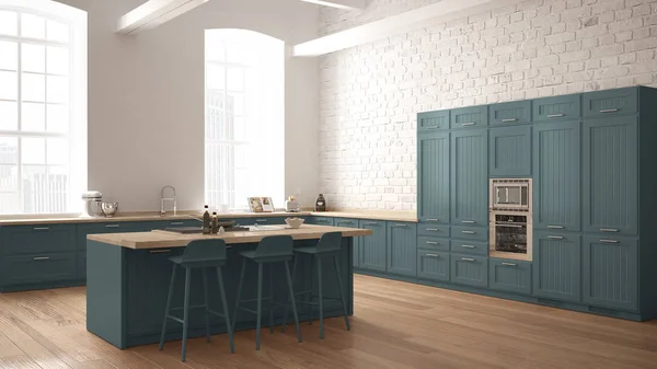 Moderna cucina industriale in legno con dettagli in legno e finestra panoramica, design minimalista bianco e blu, panorama del centro città — Foto Stock