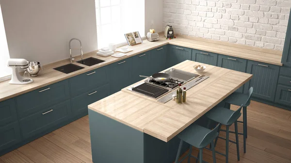 Κλασική κουζίνα με μοντέρνες ξύλινες λεπτομέρειες και μεγάλο παράθυρο, λευκό και μπλε μινιμαλιστικό εσωτερικό σχεδιασμό, το top view — Φωτογραφία Αρχείου